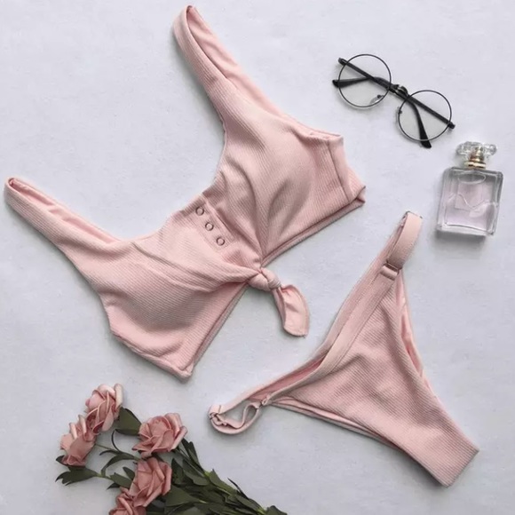 SOLD OUT CLEARANCE Blush Pink Ribbed Knotted 2Pc Bikini Swimsuit - Picture 2 of 3